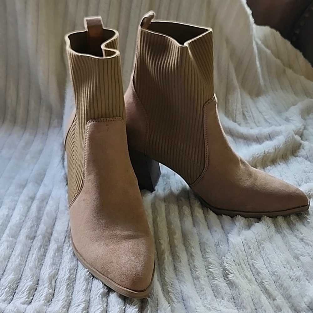 Tan, mid calf faux suede boots. Size 8